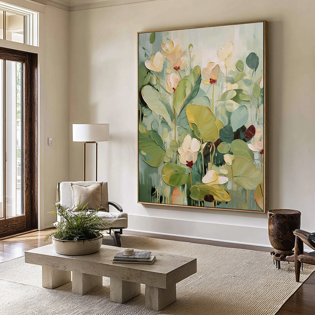 Large Botanical Floral Painting Modern Green Wall Art