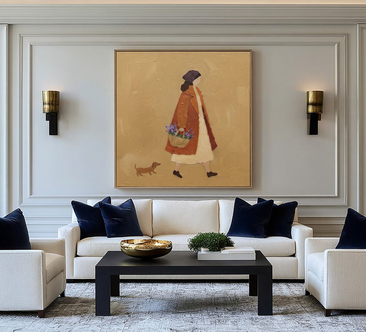 French Countryside Walk With A Companion Woman Dog Original Painting Rustic European Wall Art