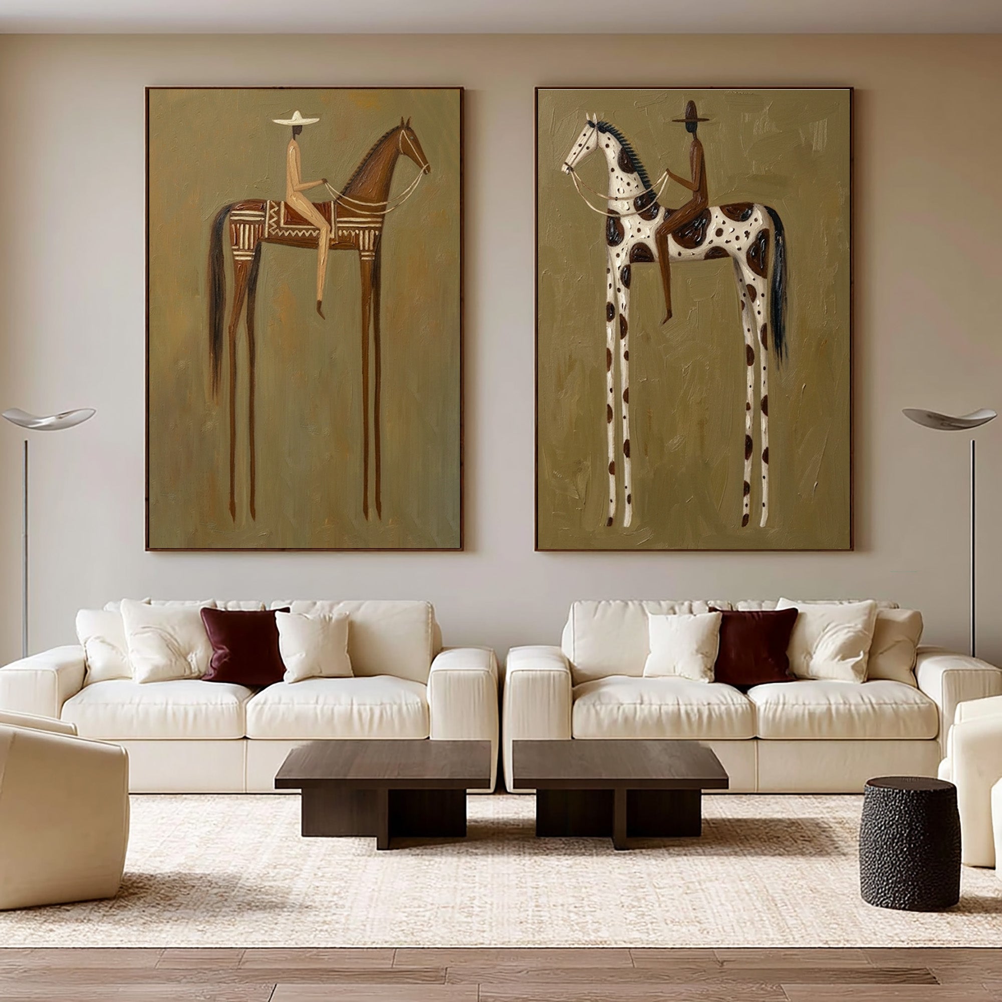 Large Cowboy Cowgirl Wall Art Western Ranch Horse Oil Painting Diptych