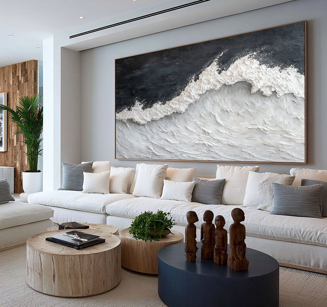 Dramatic Ocean Wave Textured Seascape Painting Handmade Coastal Wall Art Stormy Gray White Ocean Decor