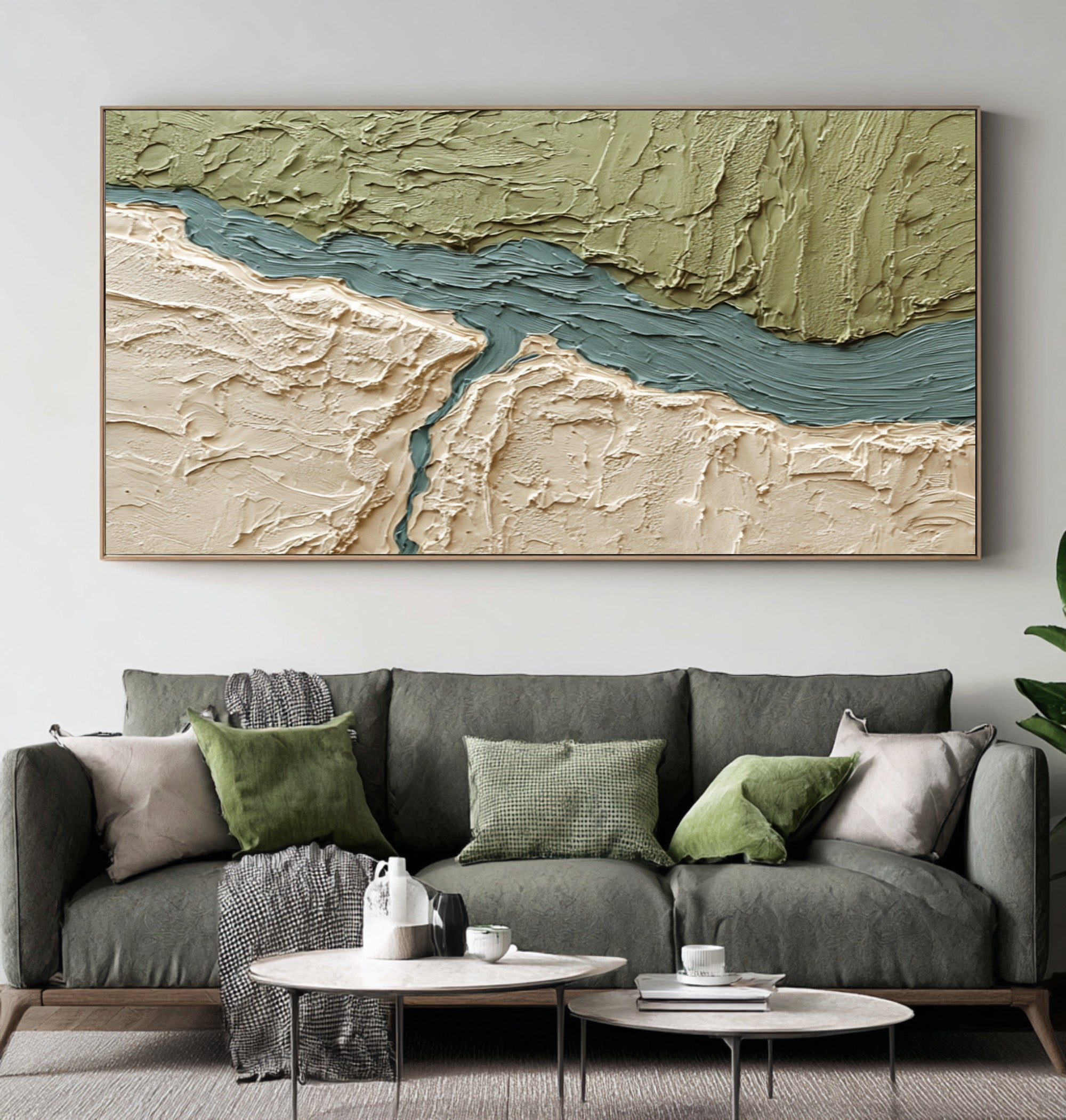 Large Abstract Oil Painting Green Texture, Calm Nature Wall Art for Living Room | ArtvistaGallery #WAB 027