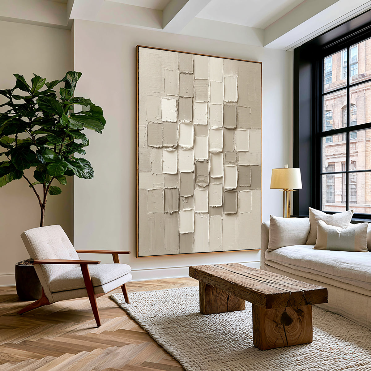 Large White Sculptural Relief Wall Art Modern 3D Textured Abstract Oil Painting Raised Geometric Blocks Minimalist Luxury Interior Decor