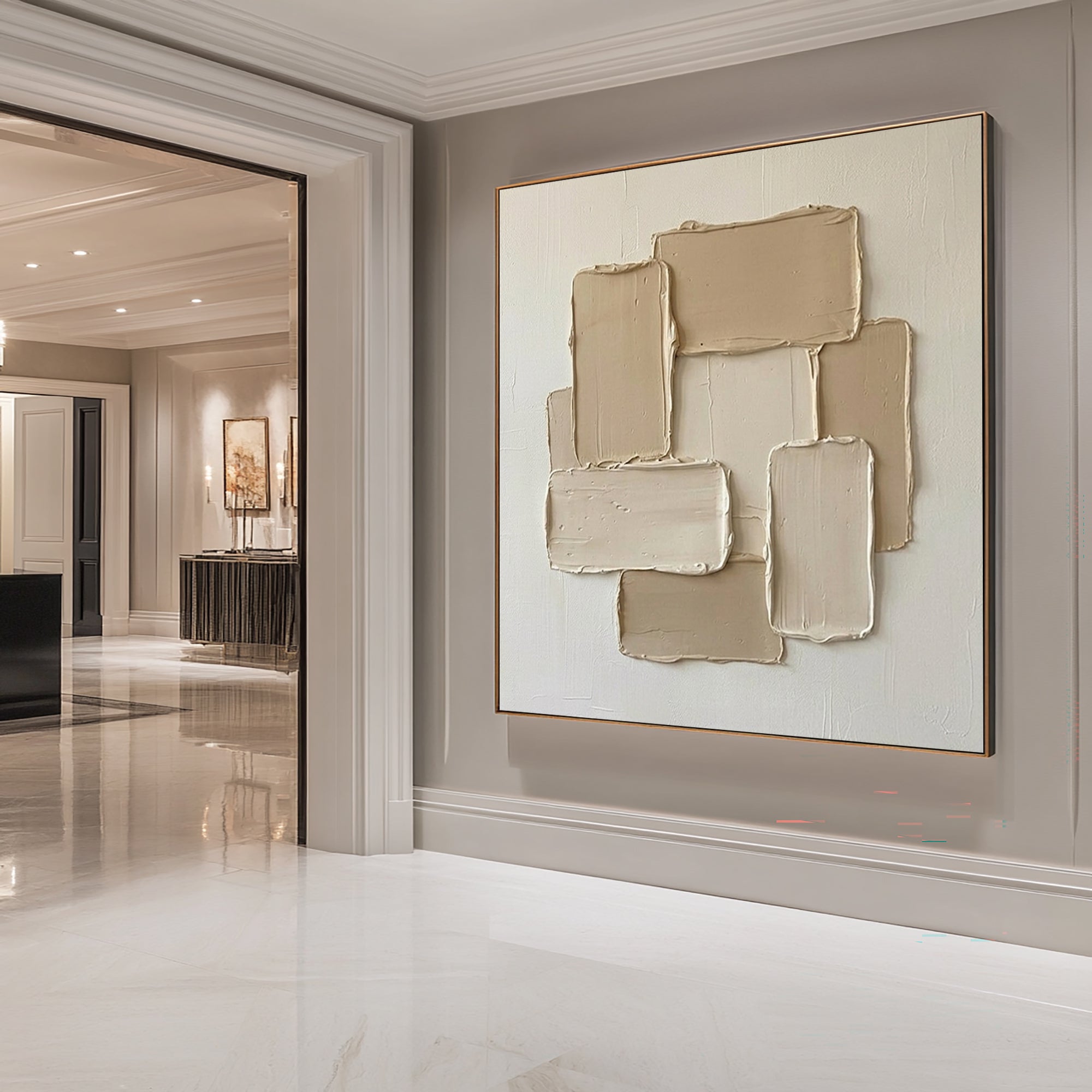 Large Neutral Geometric Oil Painting with Heavy Texture for Modern Wall Decor