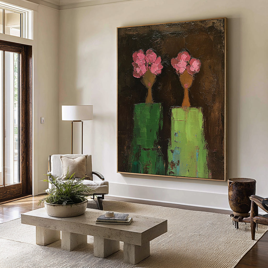 Large Modern Figurative Oil Painting on Canvas – Elegant Pink Floral Portrait Wall Art #WAB 039