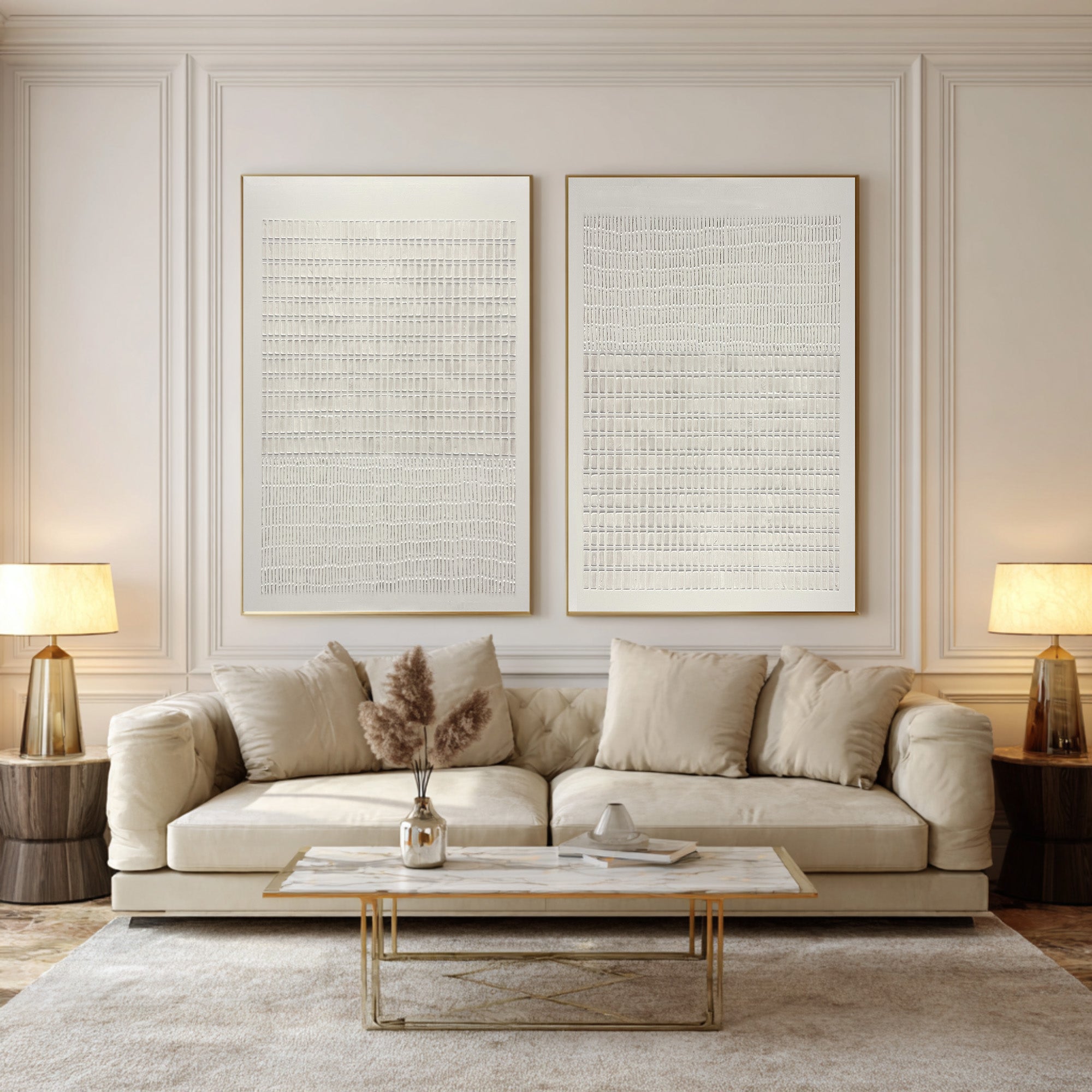 Large Abstract Oil Painting Beige Textured Grid Art Set, Minimal Wall Art for Living Room | ArtvistaGallery #WAB 019