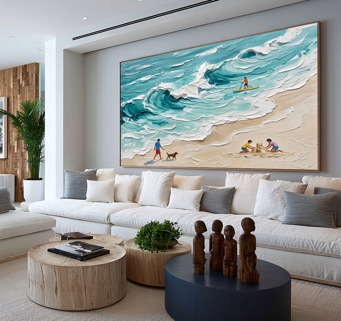 Large Textured Oil Painting Turquoise Ocean Waves Beach Family Coastal Wall Art
