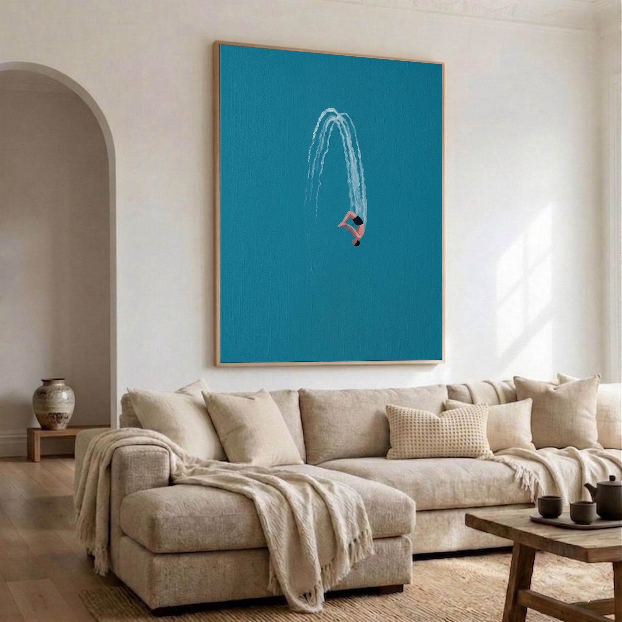 Large Minimalist Diver Wall Art Contemporary Ocean Blue Painting