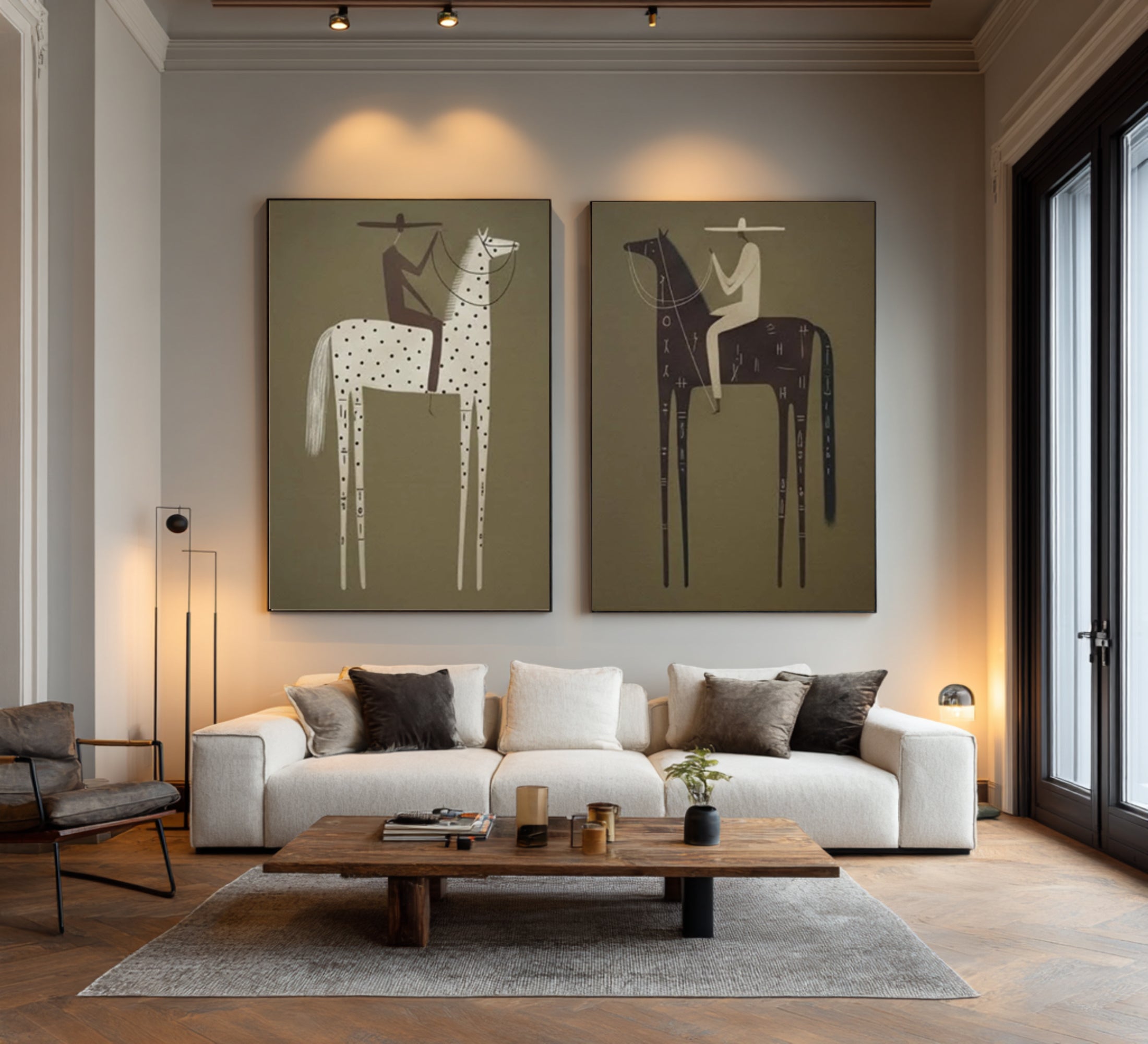 Large Tribal Horse Rider Wall Art Contemporary Abstract Equestrian Diptych