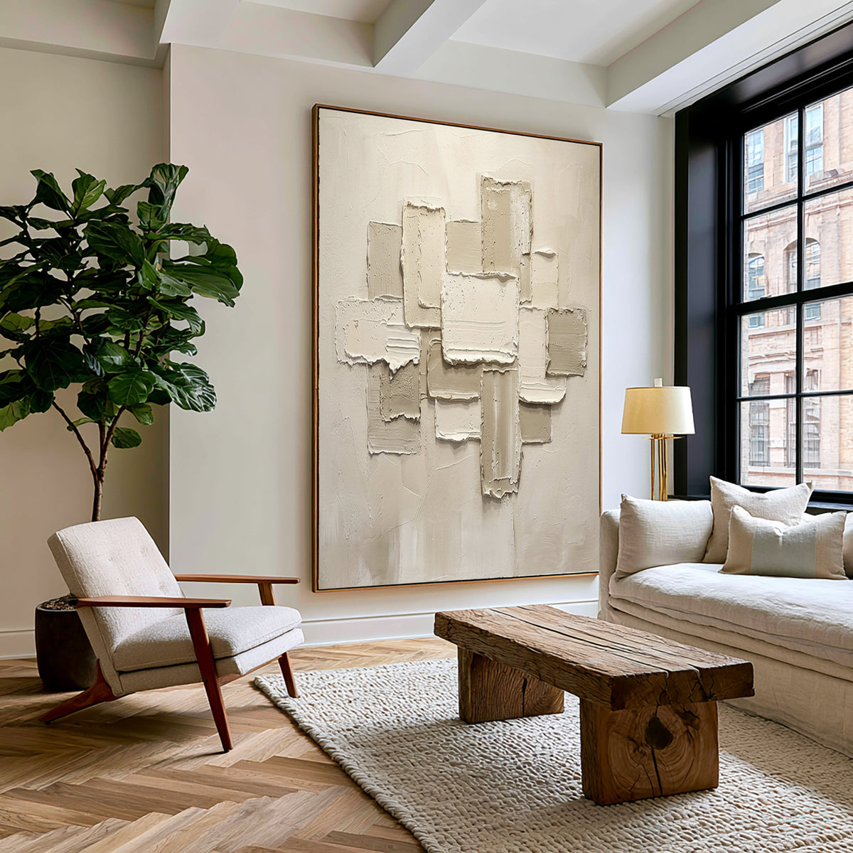 Large Minimalist White Abstract Relief Wall Art Textured Oil Painting 3D Geometric Sculptural Artwork Modern Luxury Living Room Decor