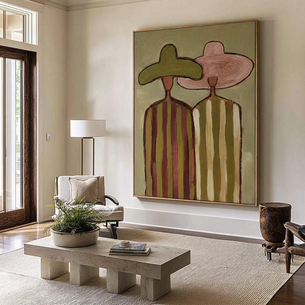 Contemporary Boho Couple Painting Elegant Abstract Figure Wall Decor