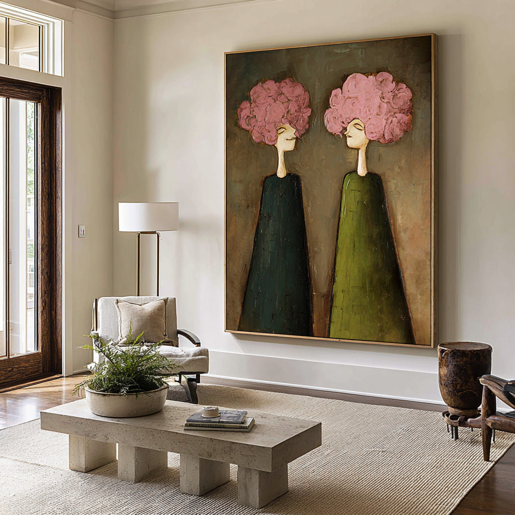 Large Pink Floral Portrait Oil Painting – Modern Green Dress Canvas Wall Decor #WAB 041