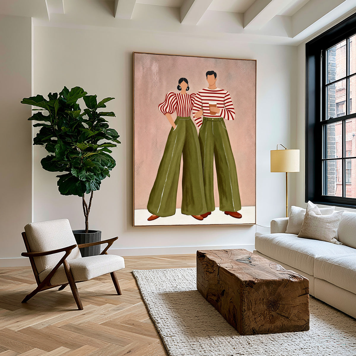 Contemporary Fashion Couple Painting Green Pants Striped Tops Wall Art