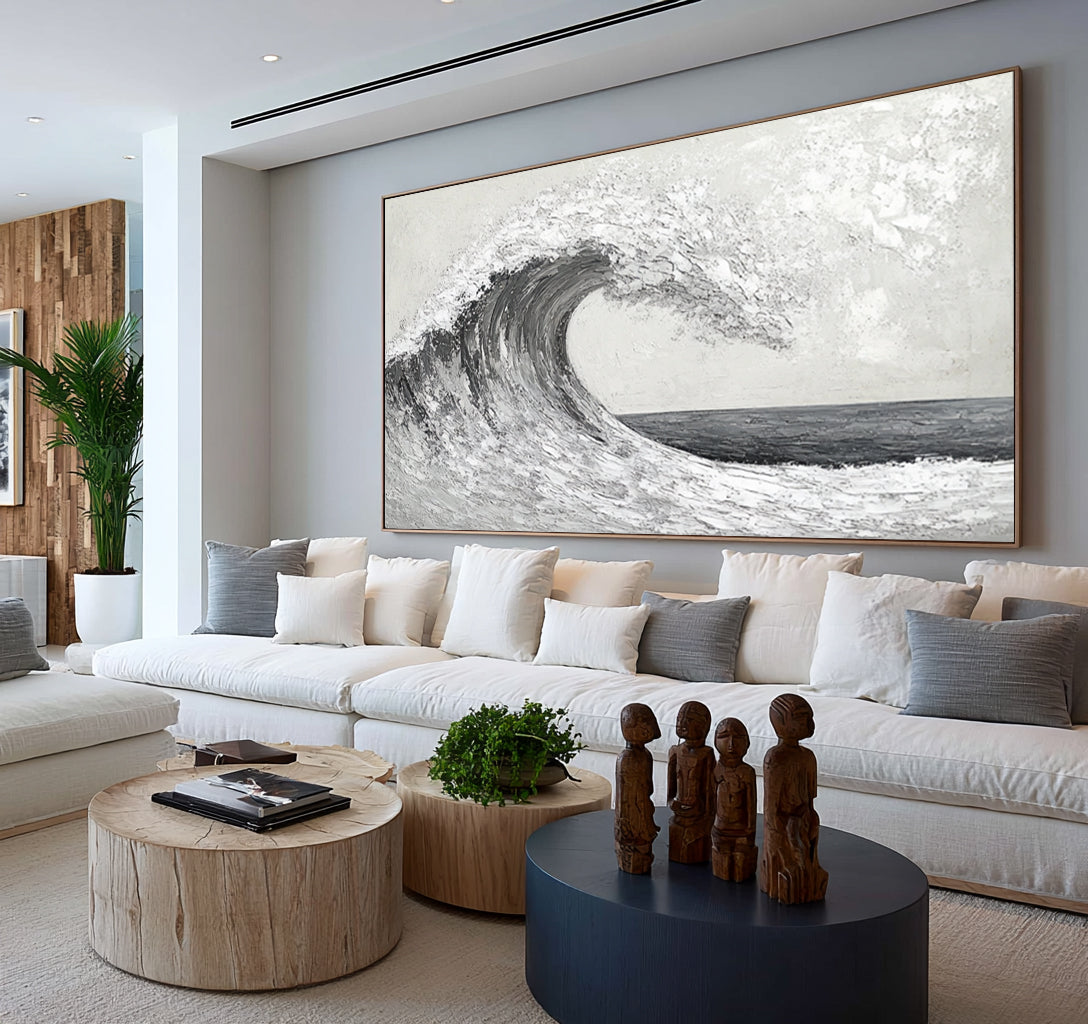 Textured Abstract Wave Monochrome Ocean Artwork Handmade Seascape Black White Gray Coastal Wall Art