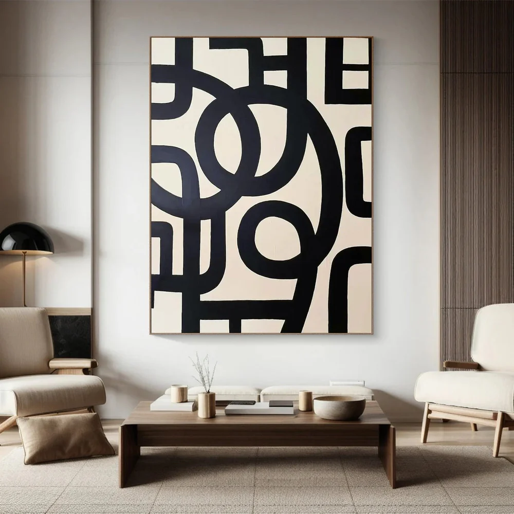 Large Abstract Oil Painting Black and White, Modern Geometric Wall Art for Living Room | ArtvistaGallery #WAB-031