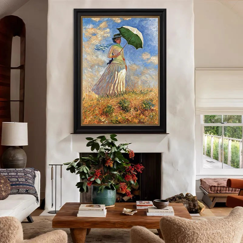 Afternoon Light Across The Meadow Impressionist Painting Woman Parasol Landscape Wall Art