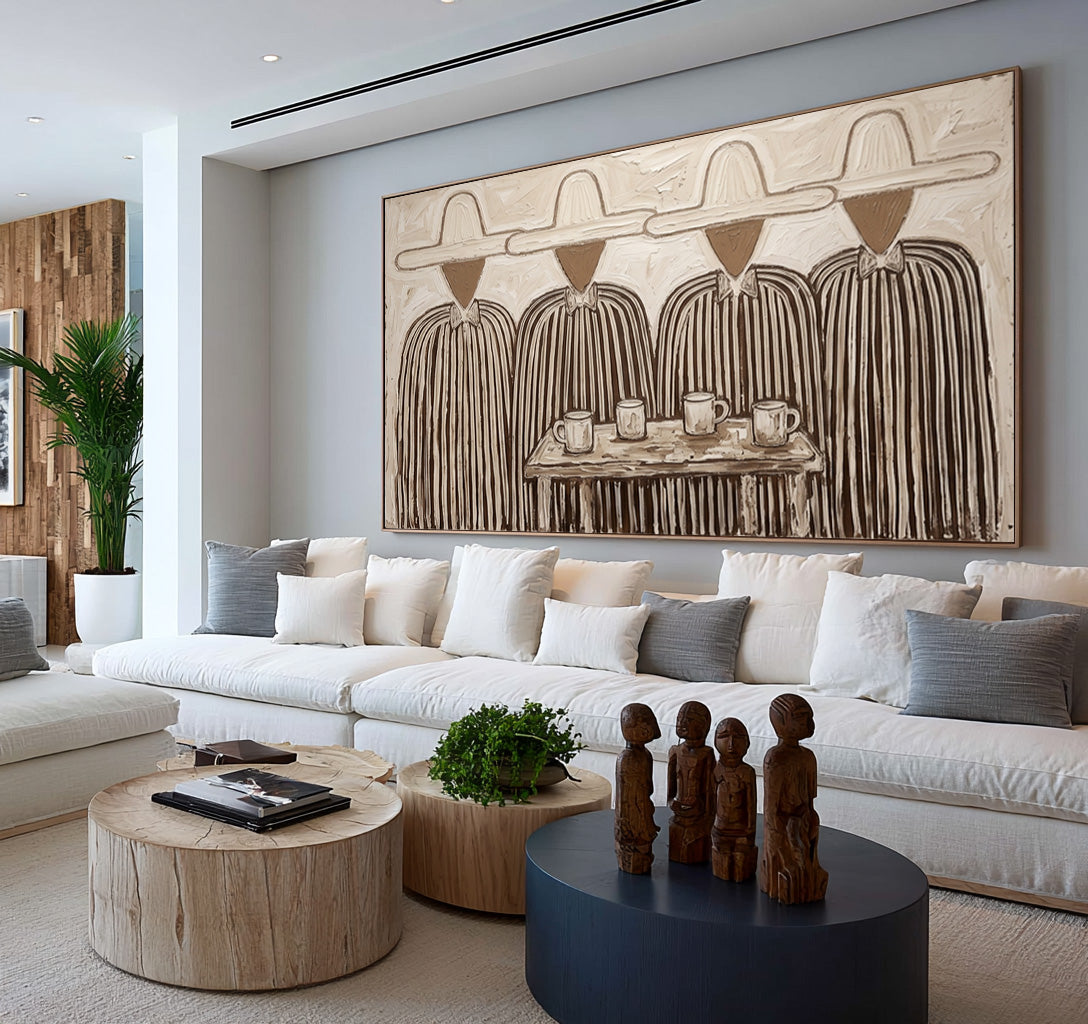 Where Four Stories Meet Figurative Folk Art Painting Four Figures Textured Wall Decor