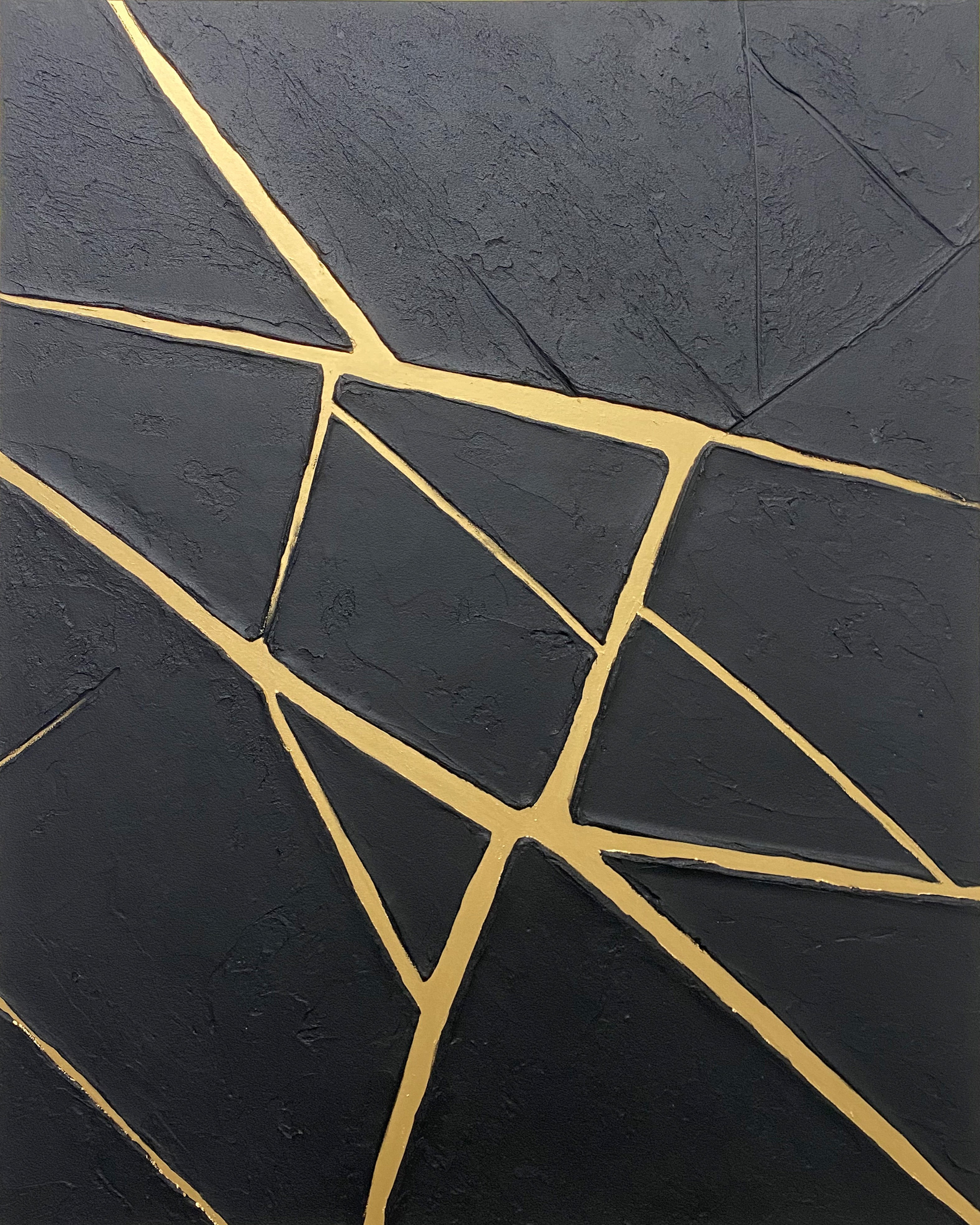 Modern Canvas with Textured Black and Geometric Gold Veins #BGA 195