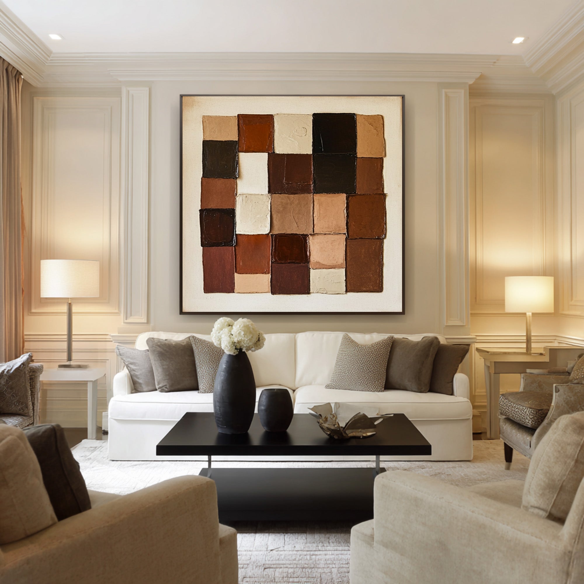 Large Abstract Oil Painting Geometric Blocks, Earth Tone Wall Art for Entryway Decor | ArtvistaGallery #WAB 010