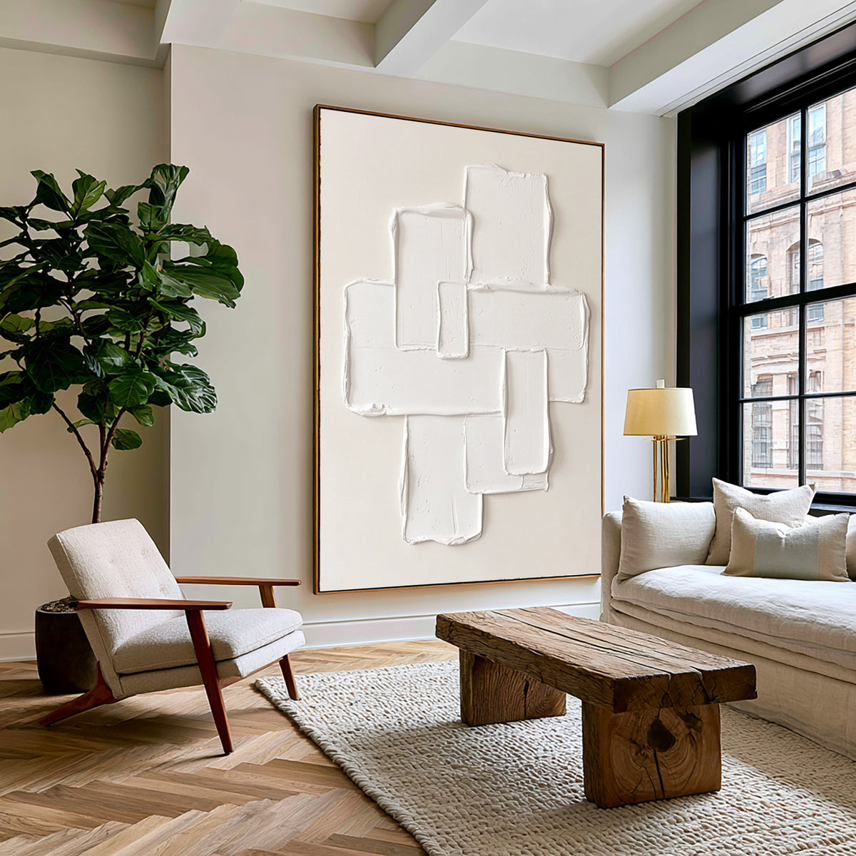 Large Cream Modernist Composition Textured Wall Art Ivory Neutral Abstract Oil Painting Raised Geometric Shapes Sculptural Impasto Minimalist Contemporary Luxury Decor