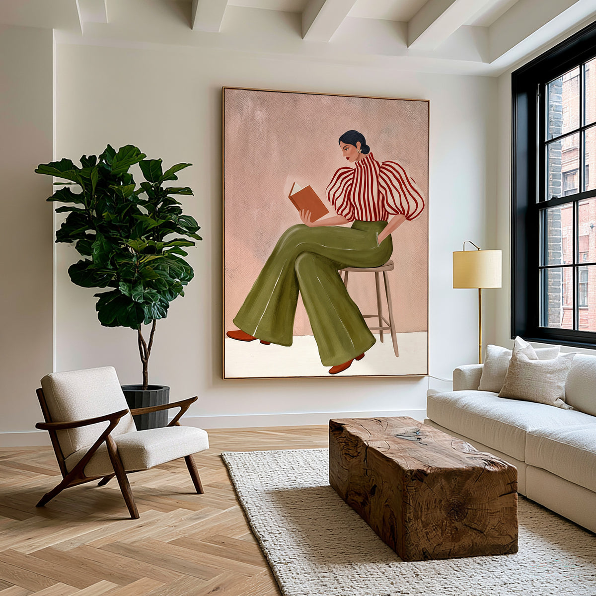 Fashion Woman Reading Book Striped Blouse Olive Green Pants Painting