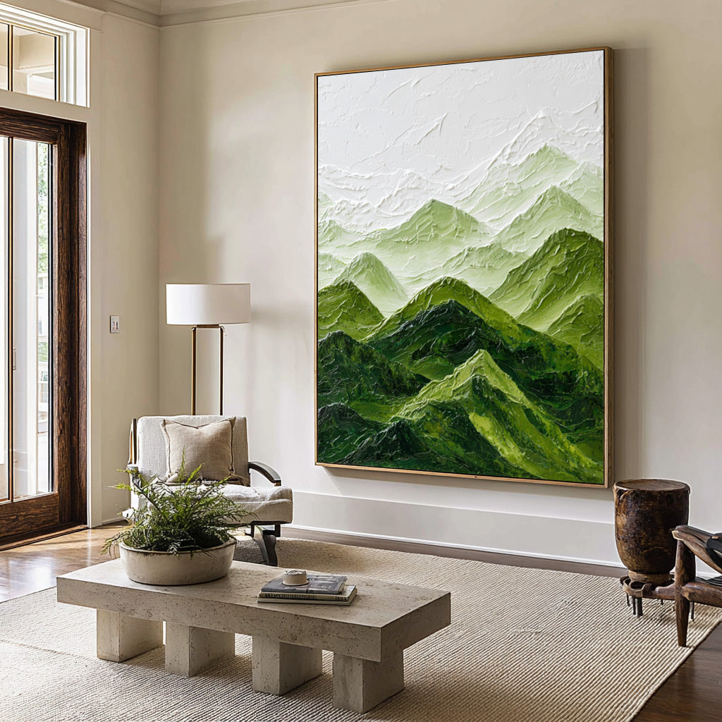 Large Abstract Oil Painting Mountain Landscape, Green Calm Wall Art for Home Decor | ArtvistaGallery #WGA 006