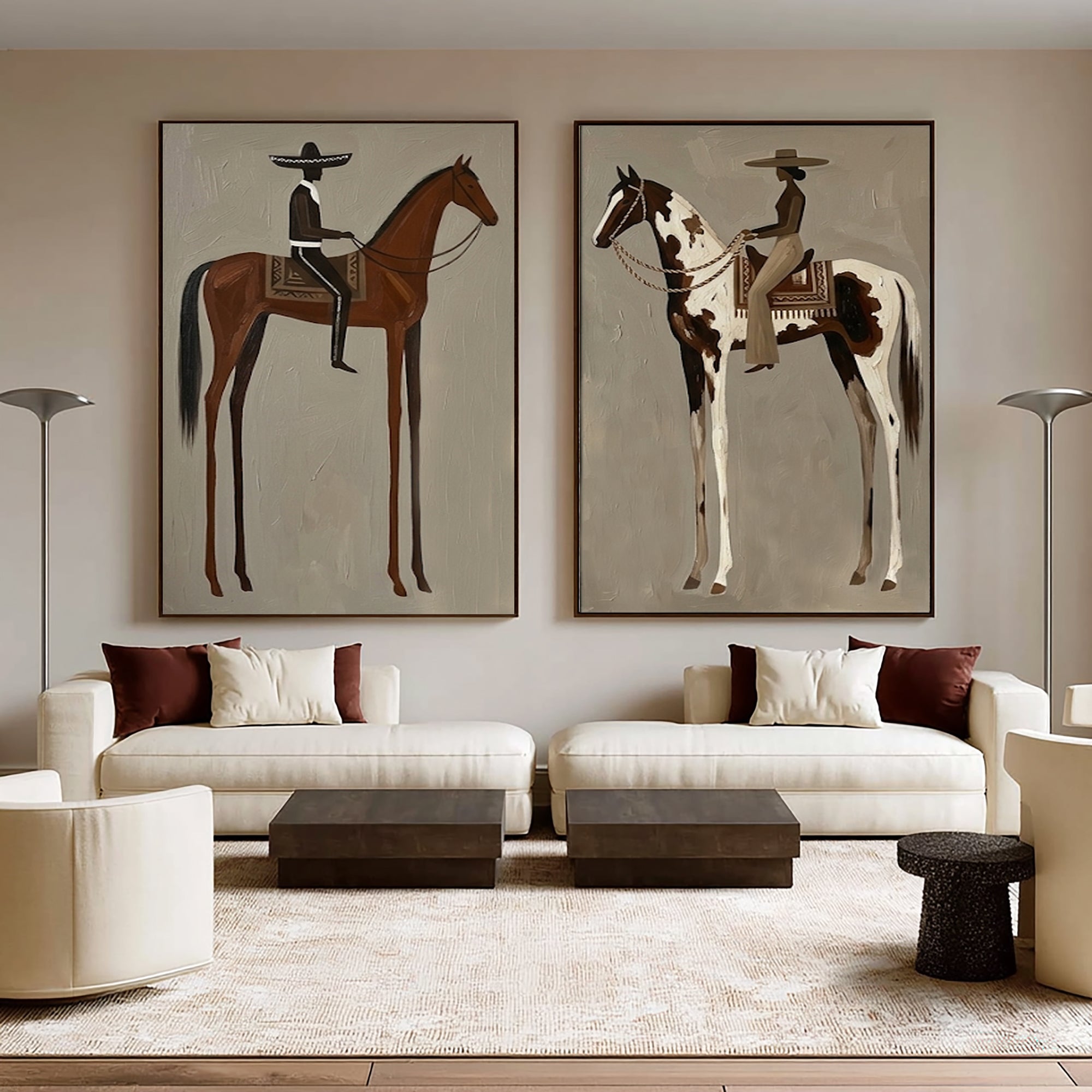 Large Cowboy Cowgirl Wall Art Southwestern Western Horse Oil Painting Diptych