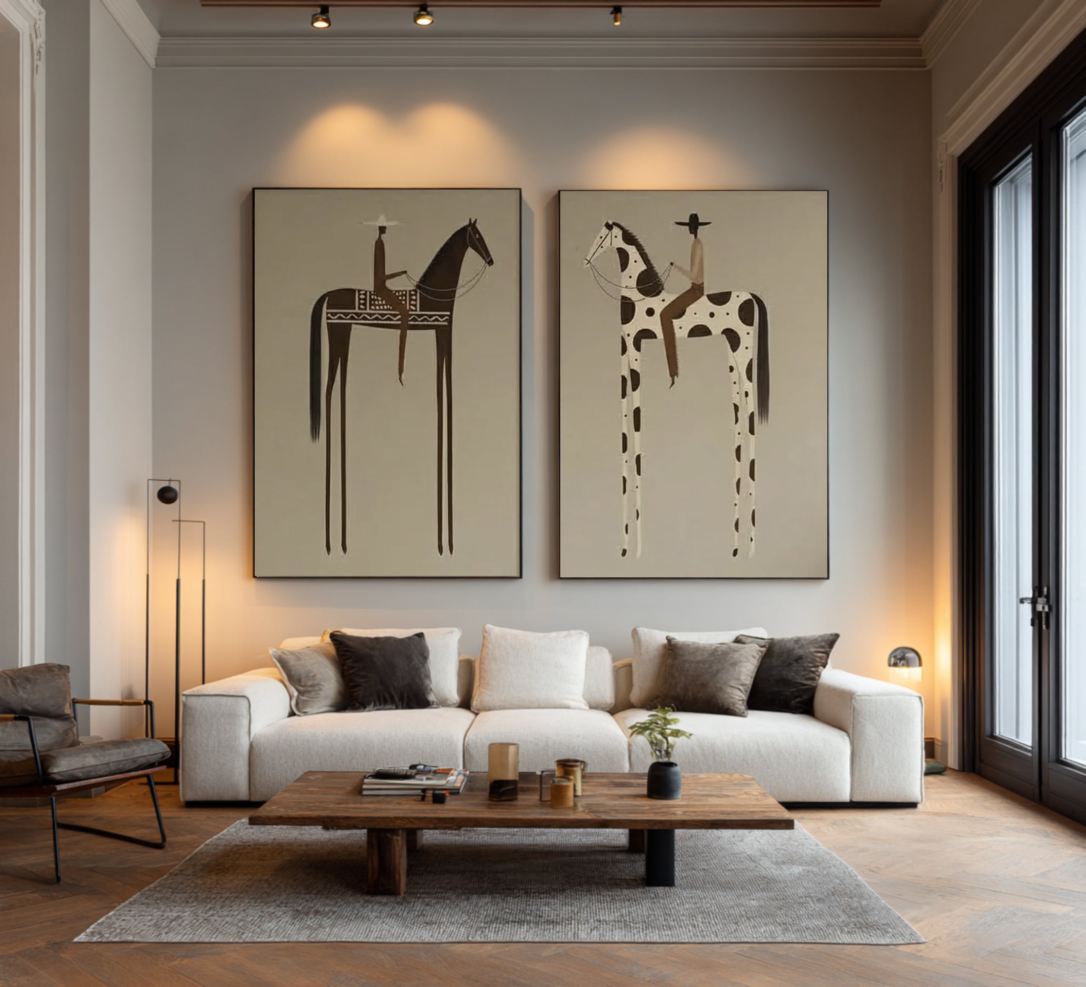 Large Minimalist Horse Rider Diptych Wall Art Contemporary Neutral Canvas Set