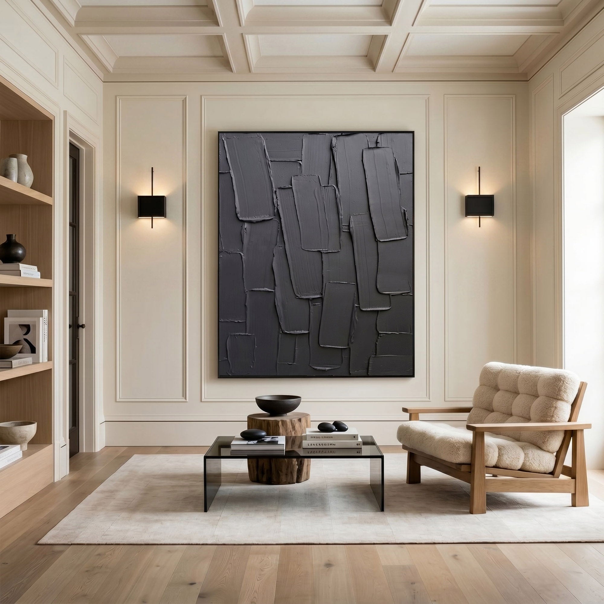 Large Black Textured Wall Art Modern Abstract Oil Painting Impasto Layered Minimalist Contemporary Decor
