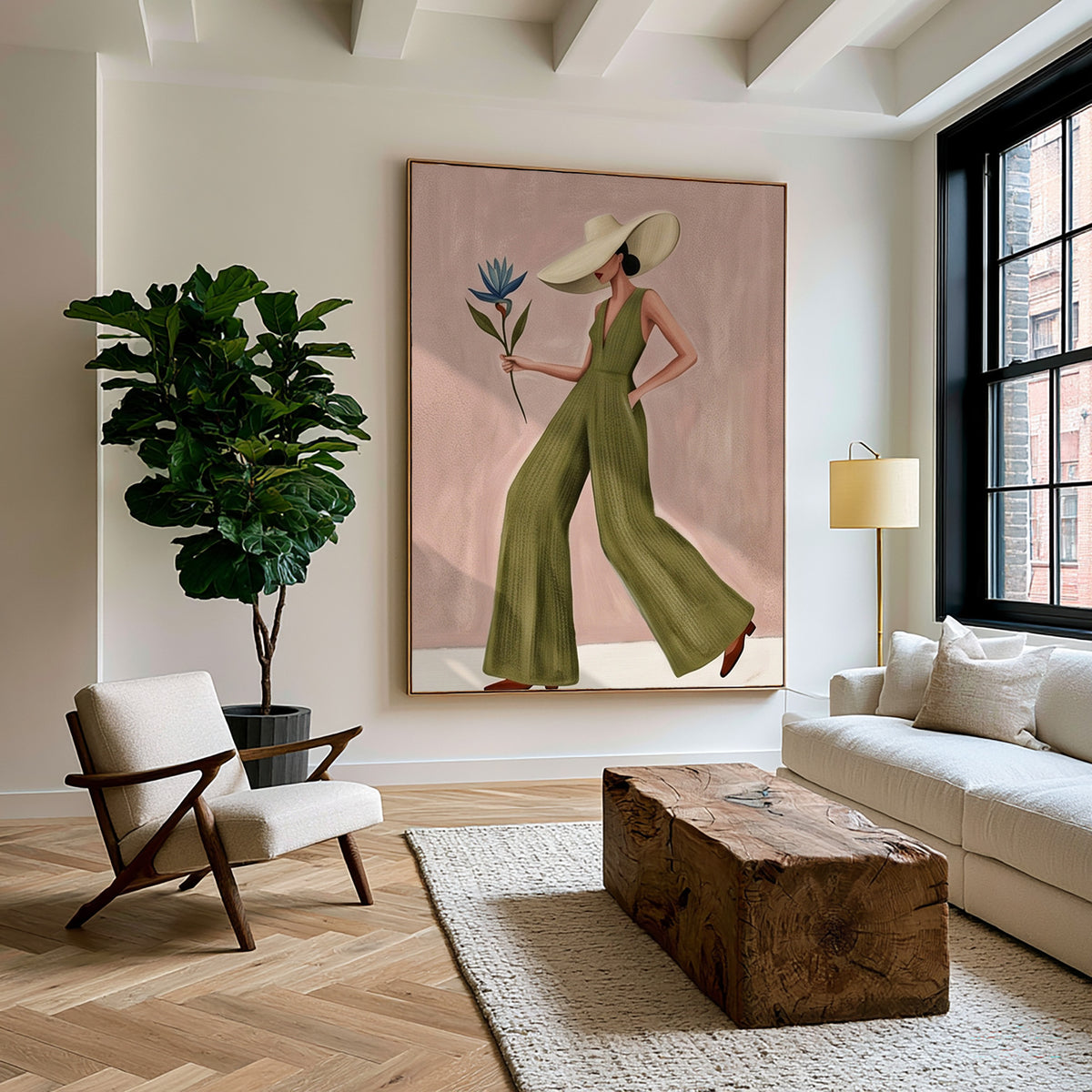 Fashion Woman Painting Green Jumpsuit Modern Wall Art
