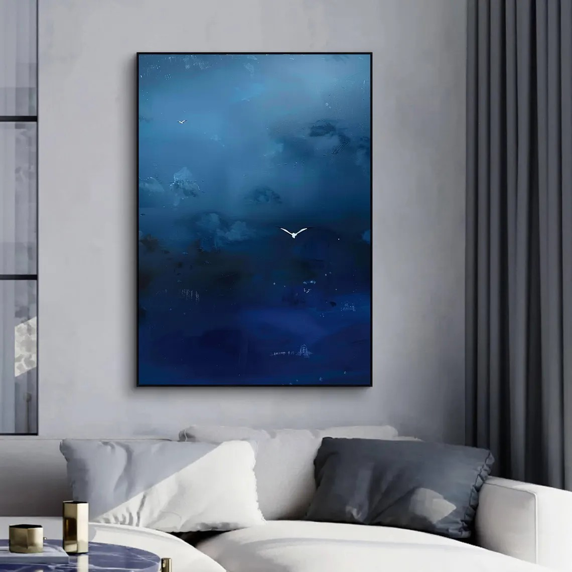 Dark Blue Sky Painting, Birds in Flight, Surrealist Canvas #BGA 093