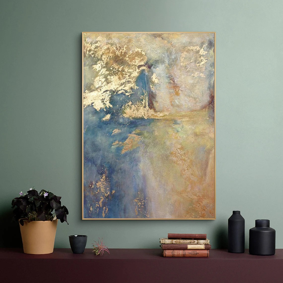 Light Blue and Gold Abstract Wall Art with Metallic Accents #BGA 092