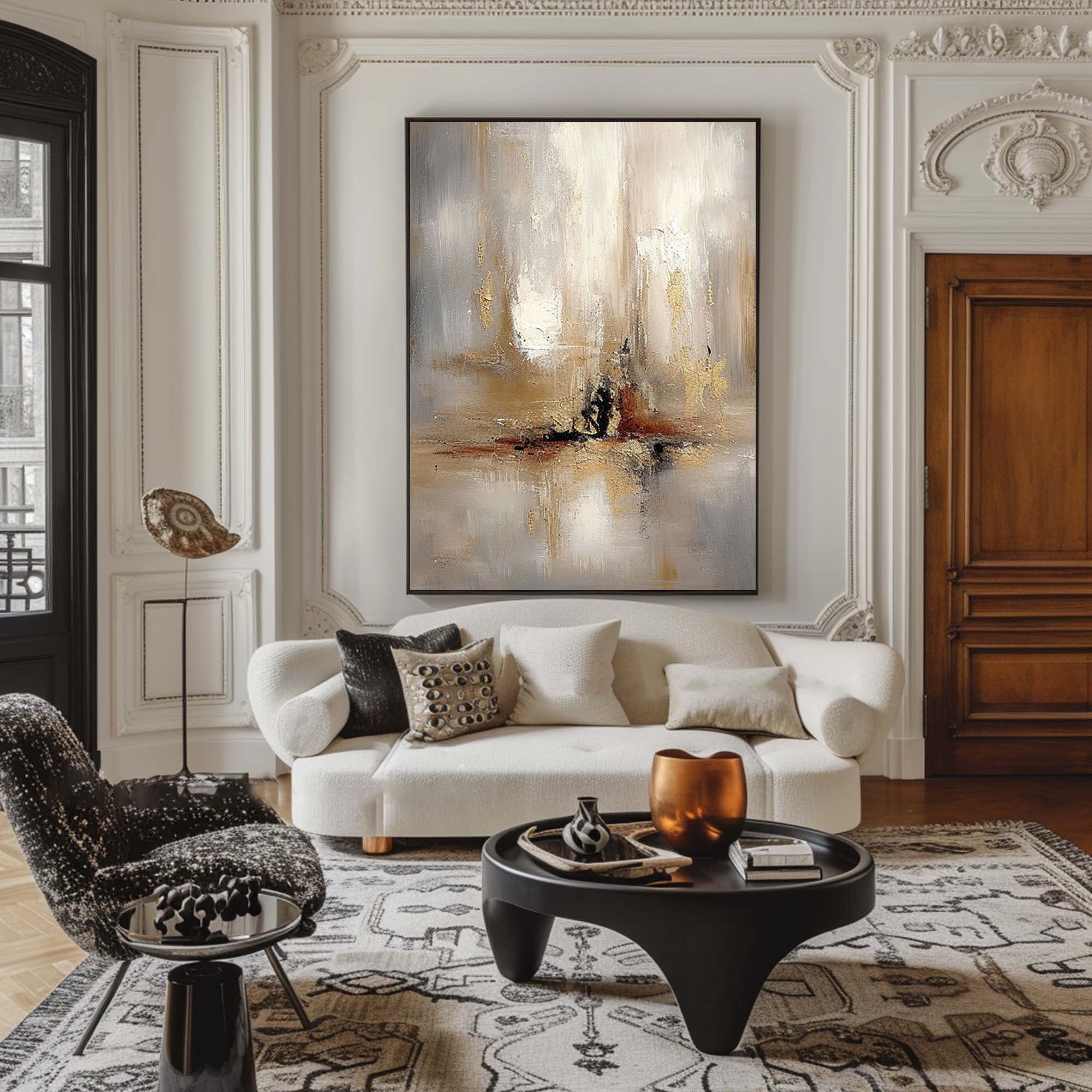 Grey And Beige Abstract Painting Gold Foil Texture Painting#AVG 005