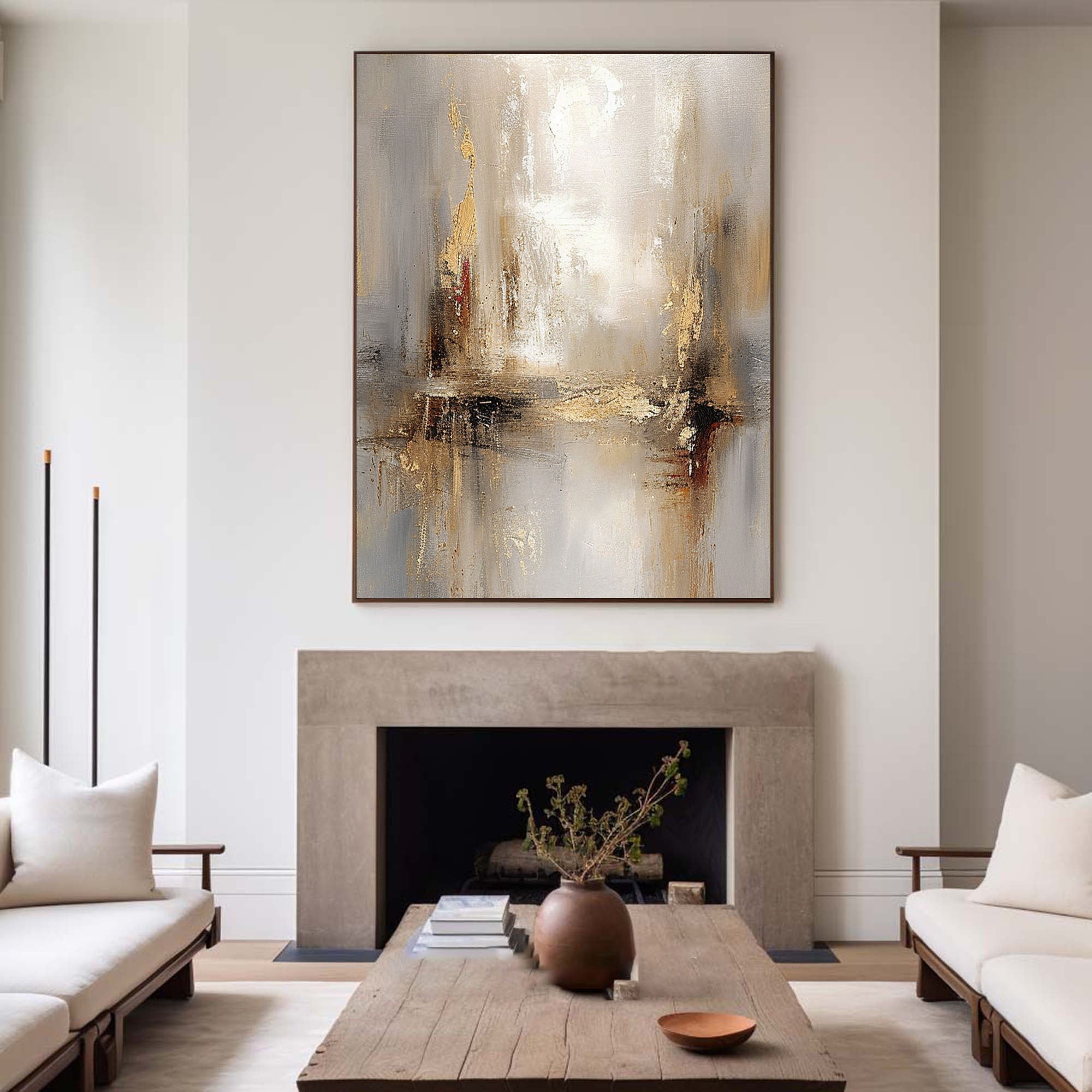 Grey And Beige Abstract Painting Gold Foil Texture Painting#AVG 004