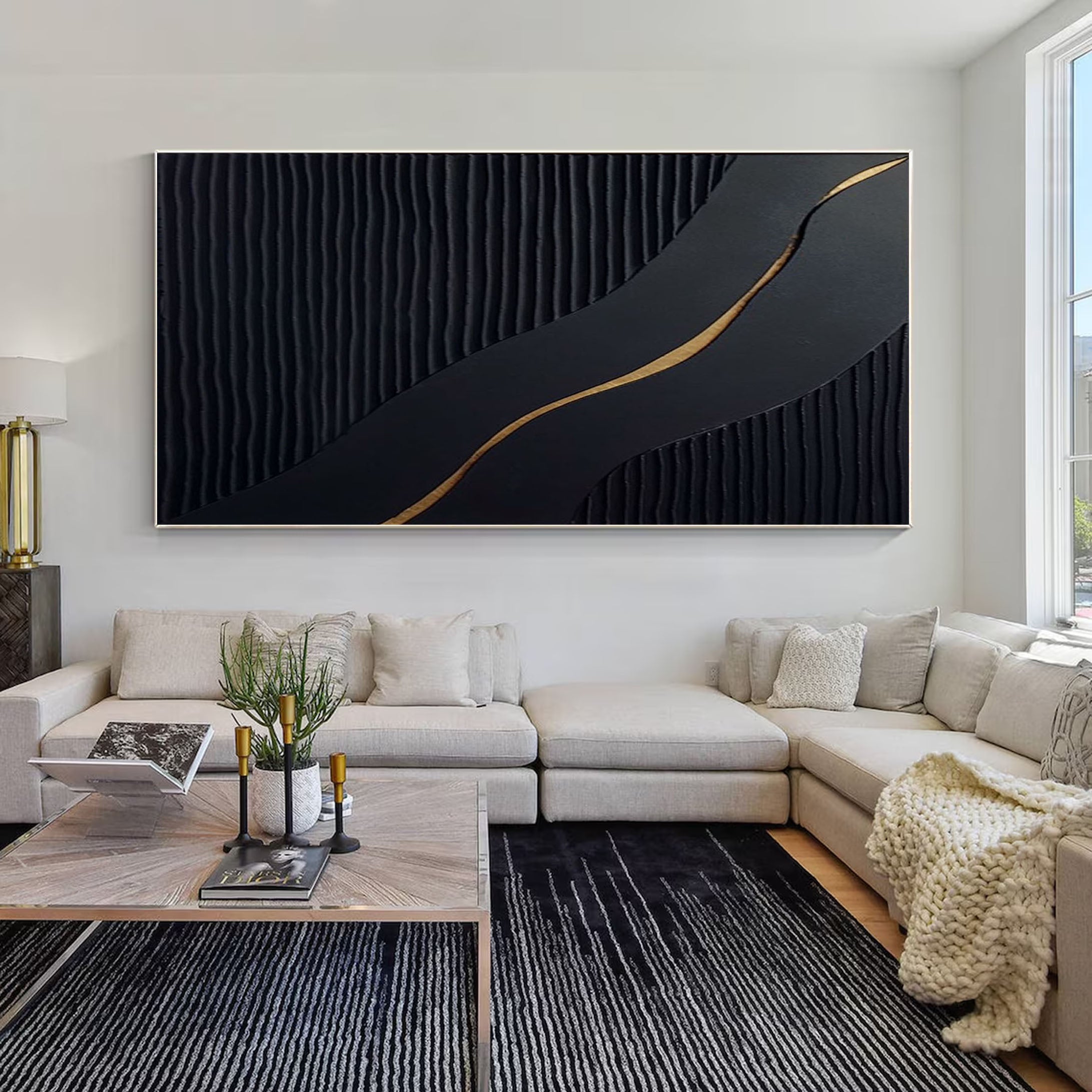 Sophisticated Black and Gold Abstract Painting for Luxury Homes #BM 023