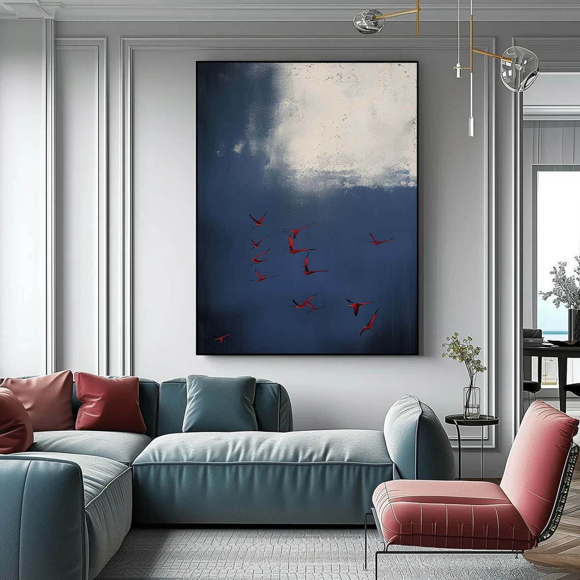 Surreal Blue Sky With Red Birds Canvas, Contemporary Wall Art #BGA 087