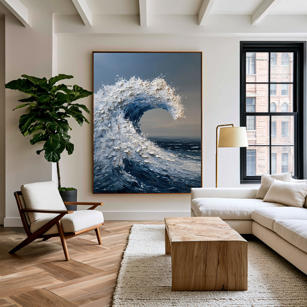 Large Ocean Wave Wall Art Textured Oil Painting Coastal Seascape Modern Abstract Sea Wave Artwork Contemporary Luxury Home Decor