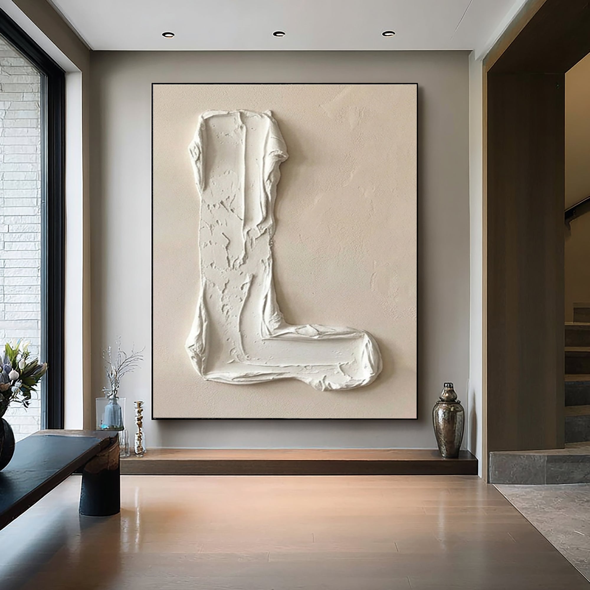 Large Minimal Letter Oil Painting – Contemporary Neutral Texture Wall Art