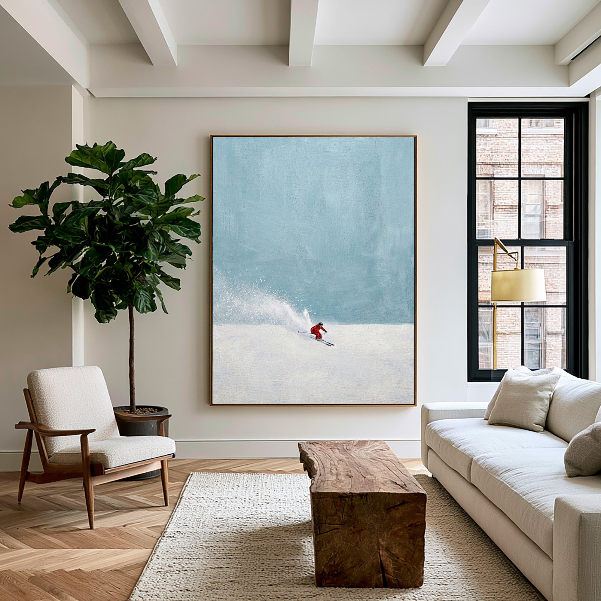 Large Minimalist Ski Wall Art Contemporary Winter Landscape Oil Painting