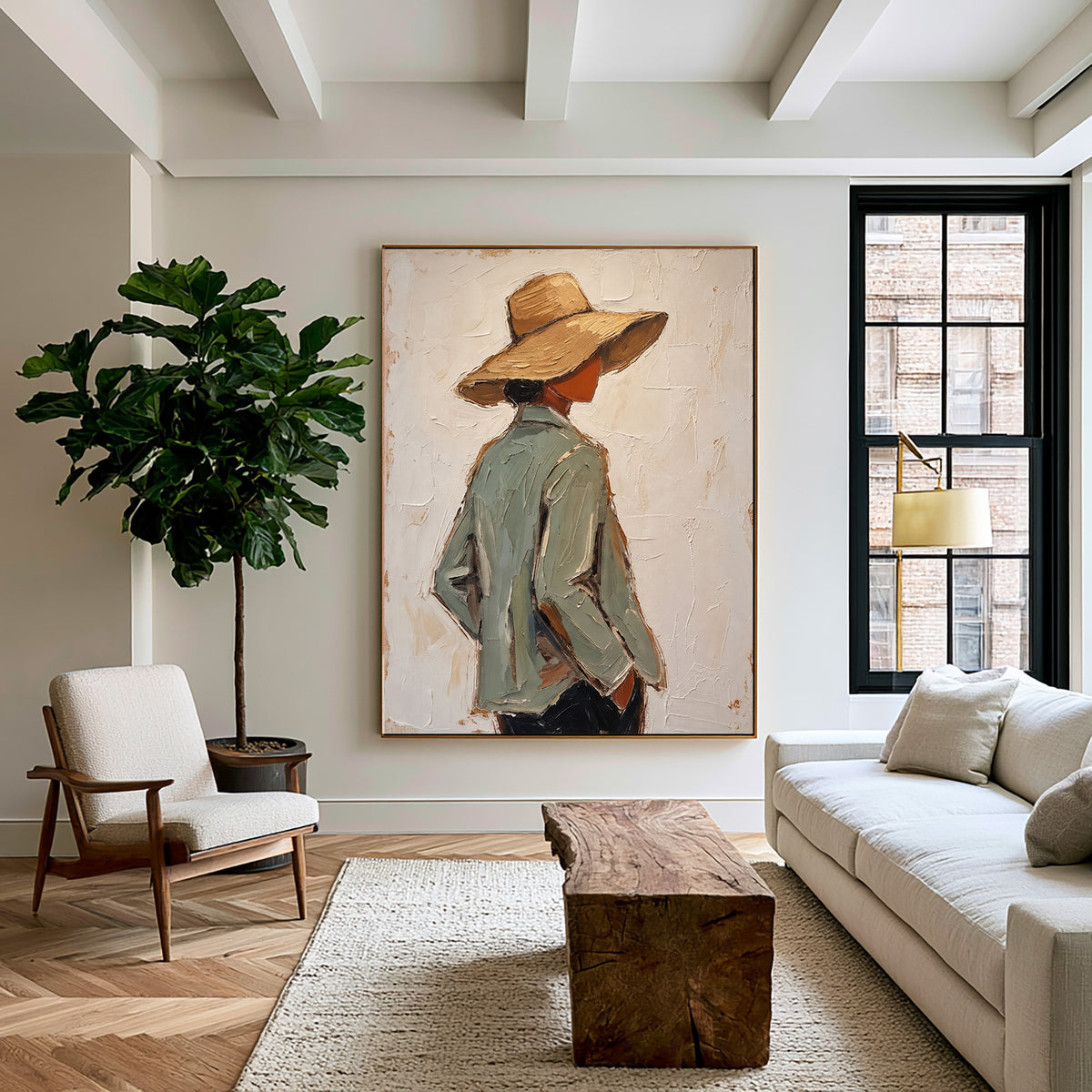 Textured Woman Portrait Sage Green Jacket Straw Hat Painting