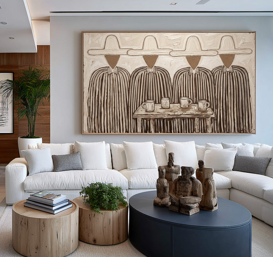 Where Four Stories Meet Figurative Folk Art Painting Four Figures Textured Wall Decor