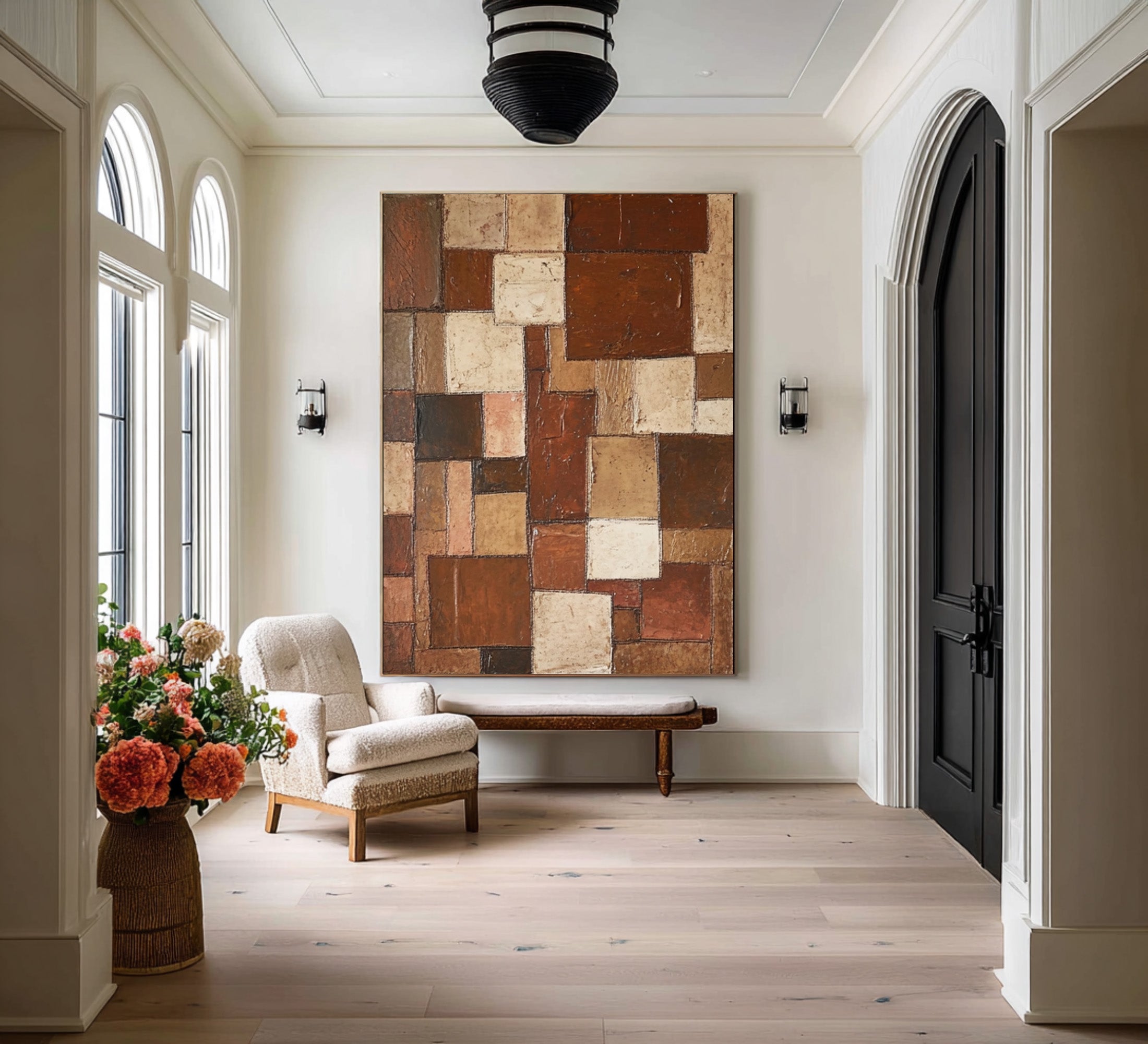 Large Abstract Oil Painting, Earth Tone Geometric Wall Art, Vertical Modern Entryway Decor | ArtvistaGallery #WAB 003