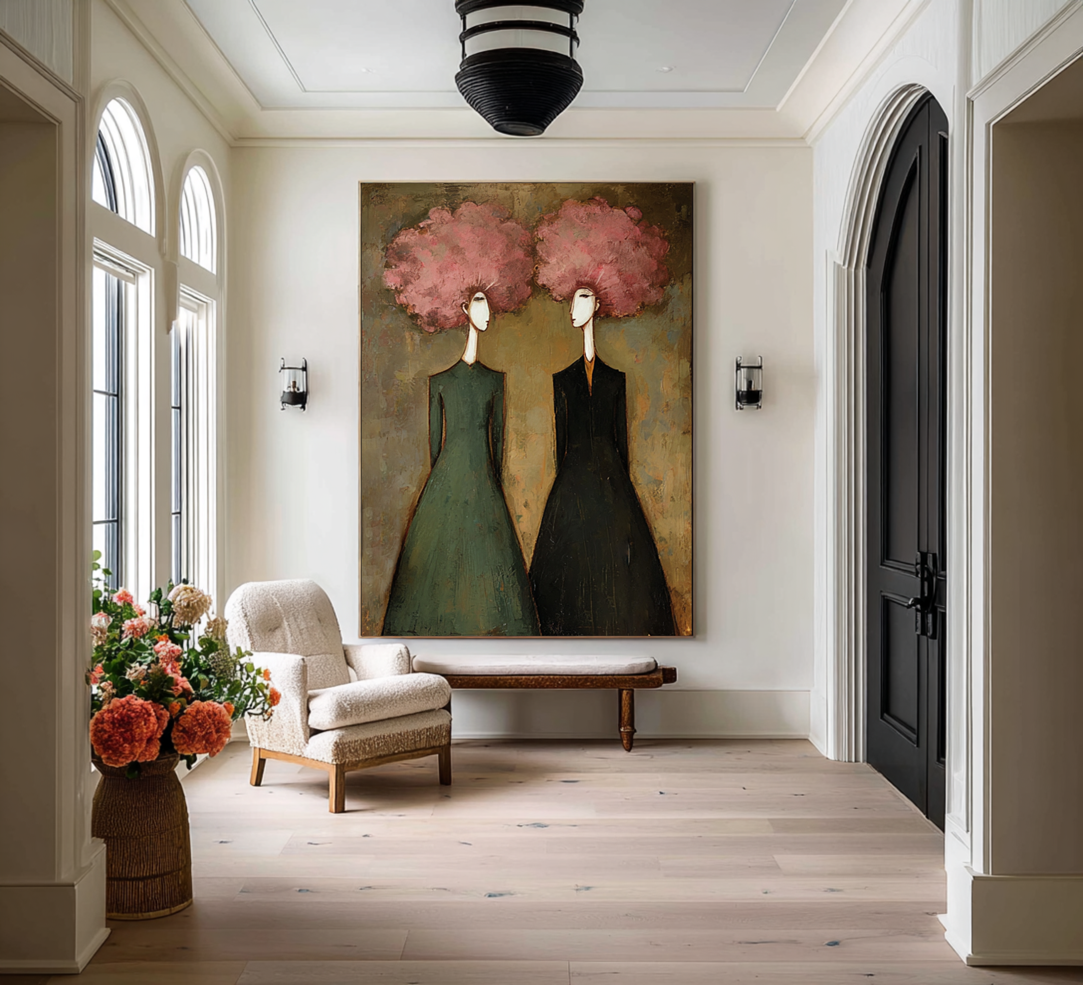Large Abstract Pink Portrait Oil Painting – Modern Green and Black Wall Decor #WAB 044