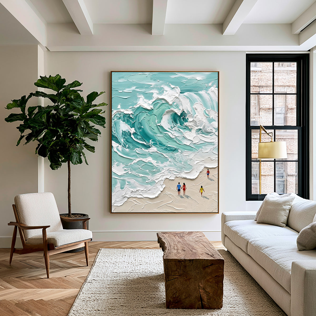 Large Minimal Turquoise Ocean Wave Wall Art Textured Oil Painting Coastal Seascape Beach House Artwork Modern Home Decor