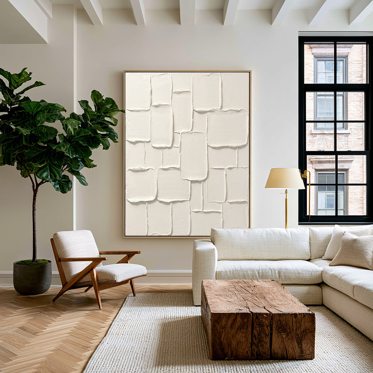 Large Modern Rounded Sculptural Relief Wall Art Ivory Cream Abstract Oil Painting Organic Rectangular Shapes Thick Impasto Texture Minimalist Luxury Interior Decor