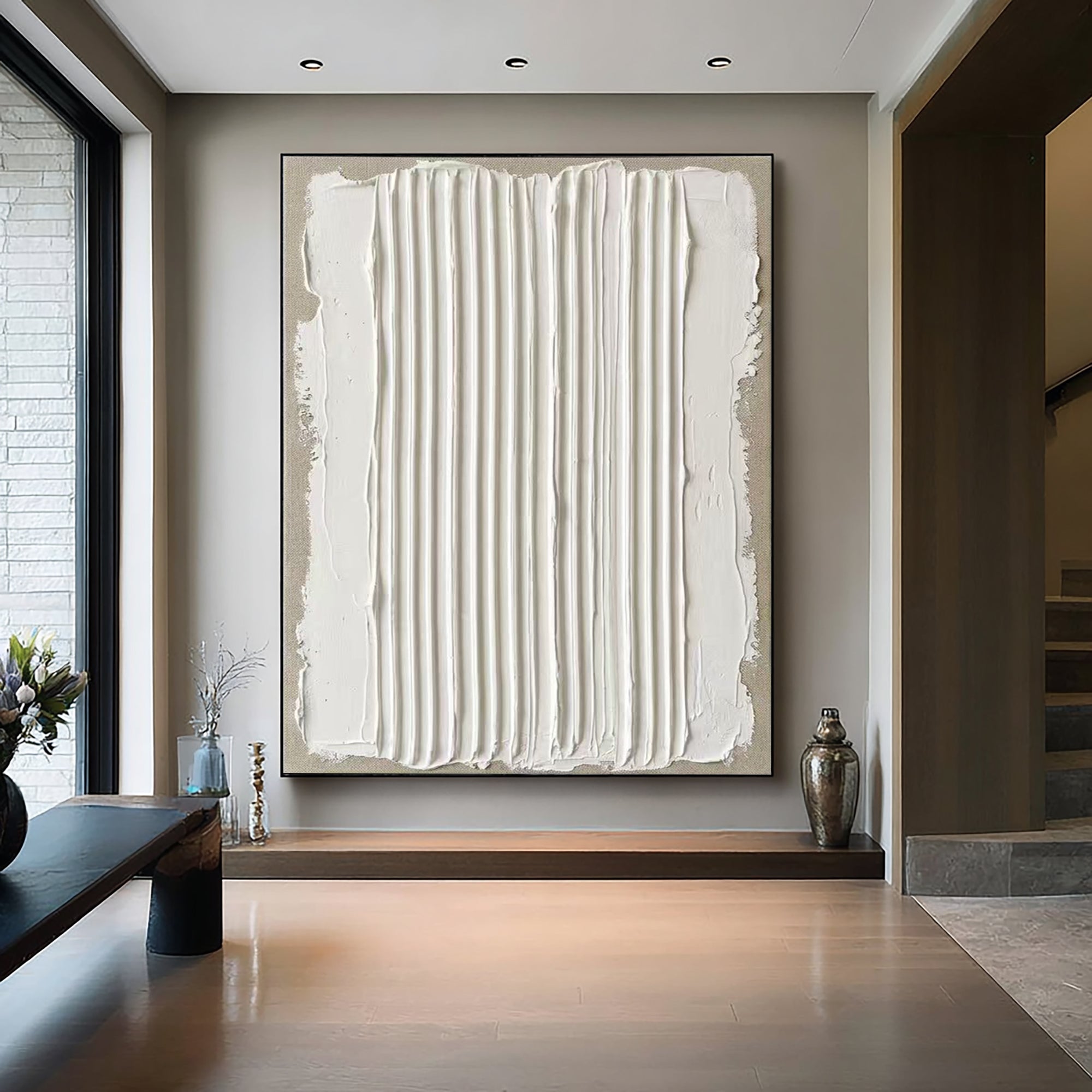Large Vertical Textured Oil Painting for Minimalist Neutral Wall Decor
