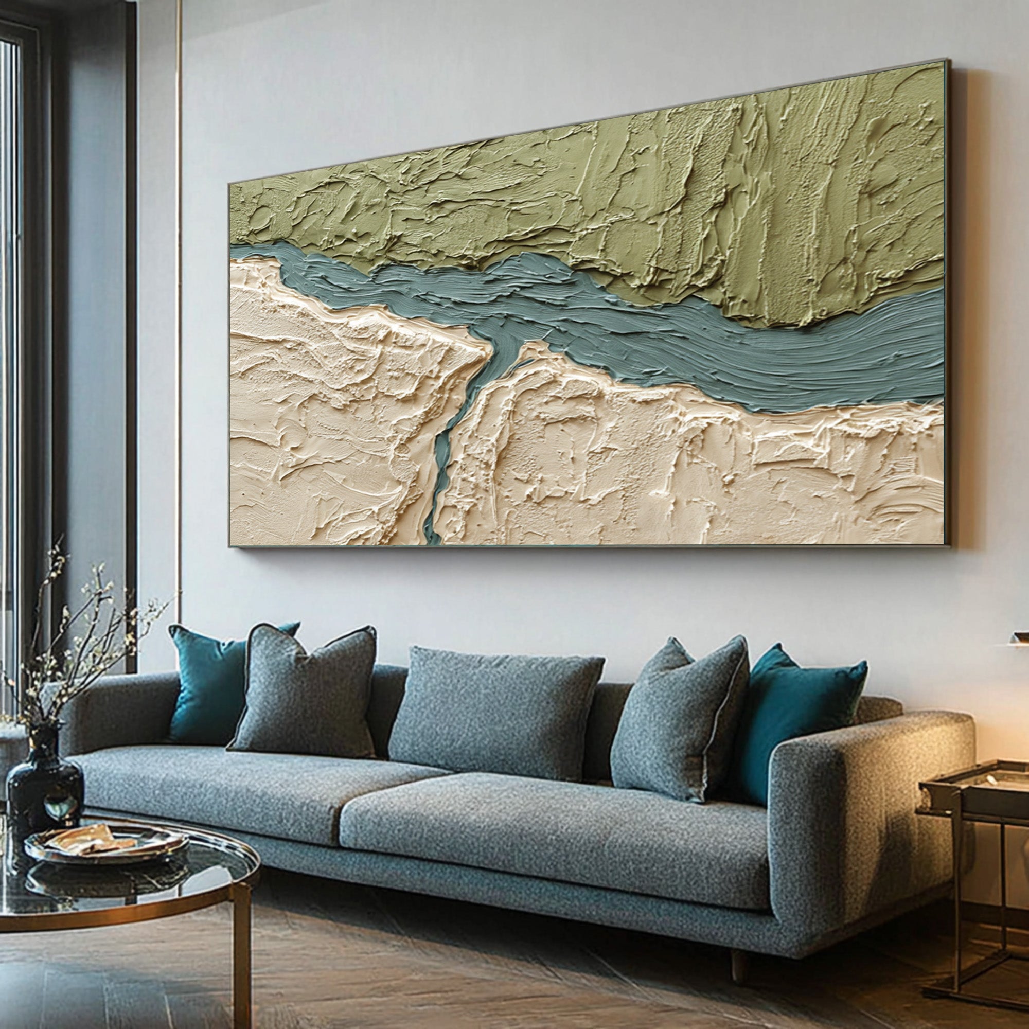 Large Abstract Oil Painting Green Texture, Calm Nature Wall Art for Living Room | ArtvistaGallery #WAB 027