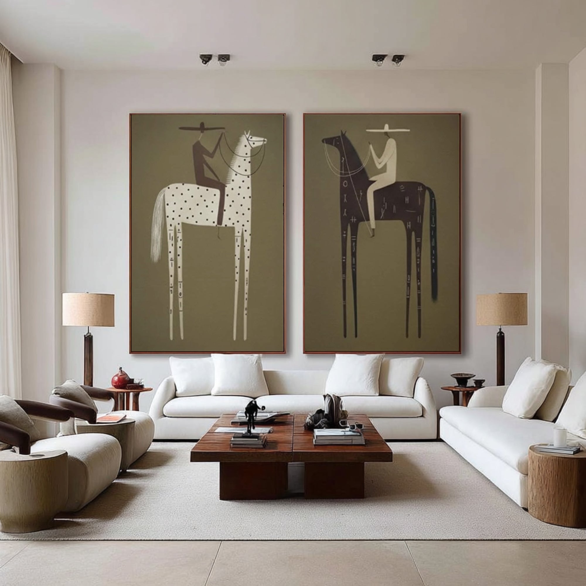 Large Tribal Horse Rider Wall Art Contemporary Abstract Equestrian Diptych