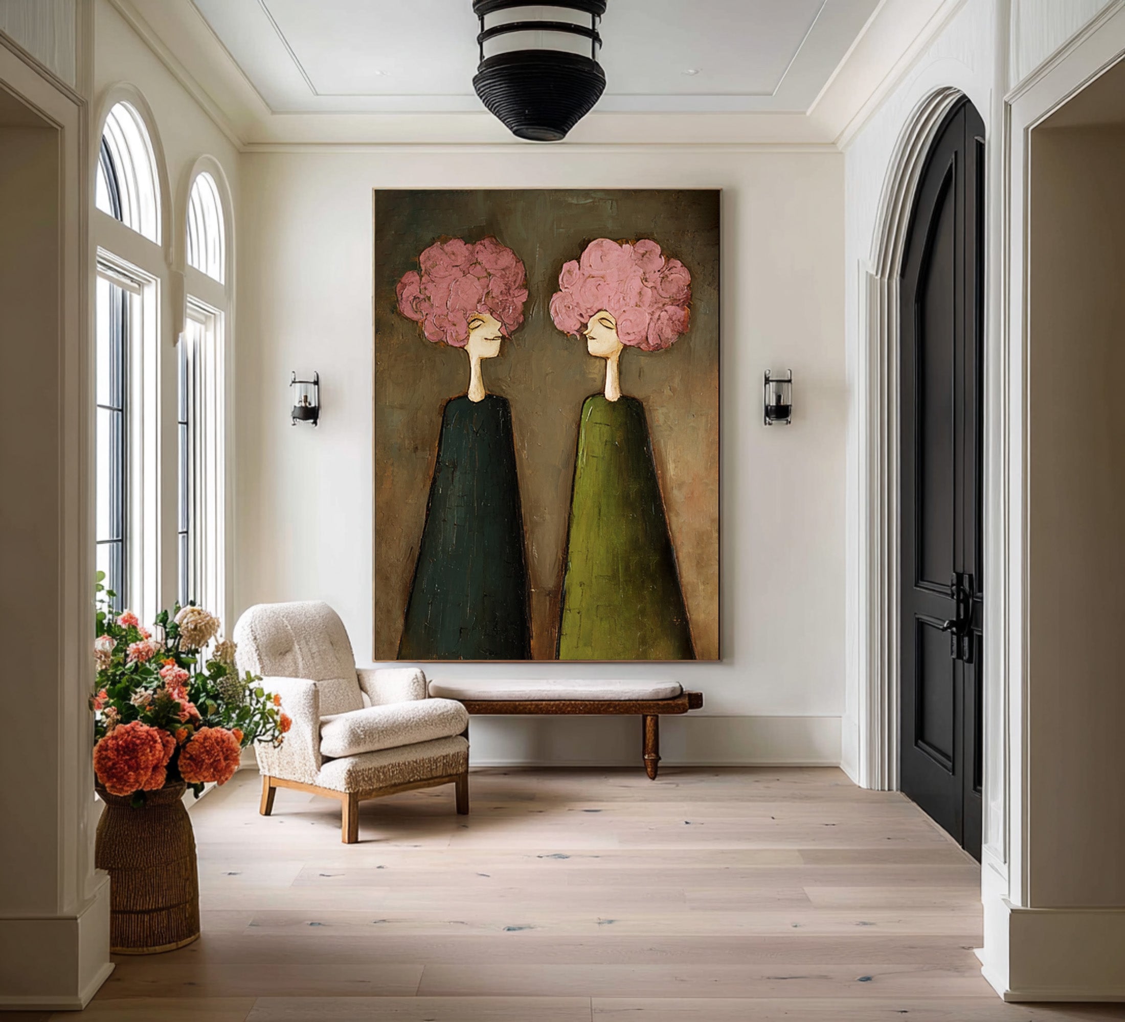 Large Pink Floral Portrait Oil Painting – Modern Green Dress Canvas Wall Decor #WAB 041