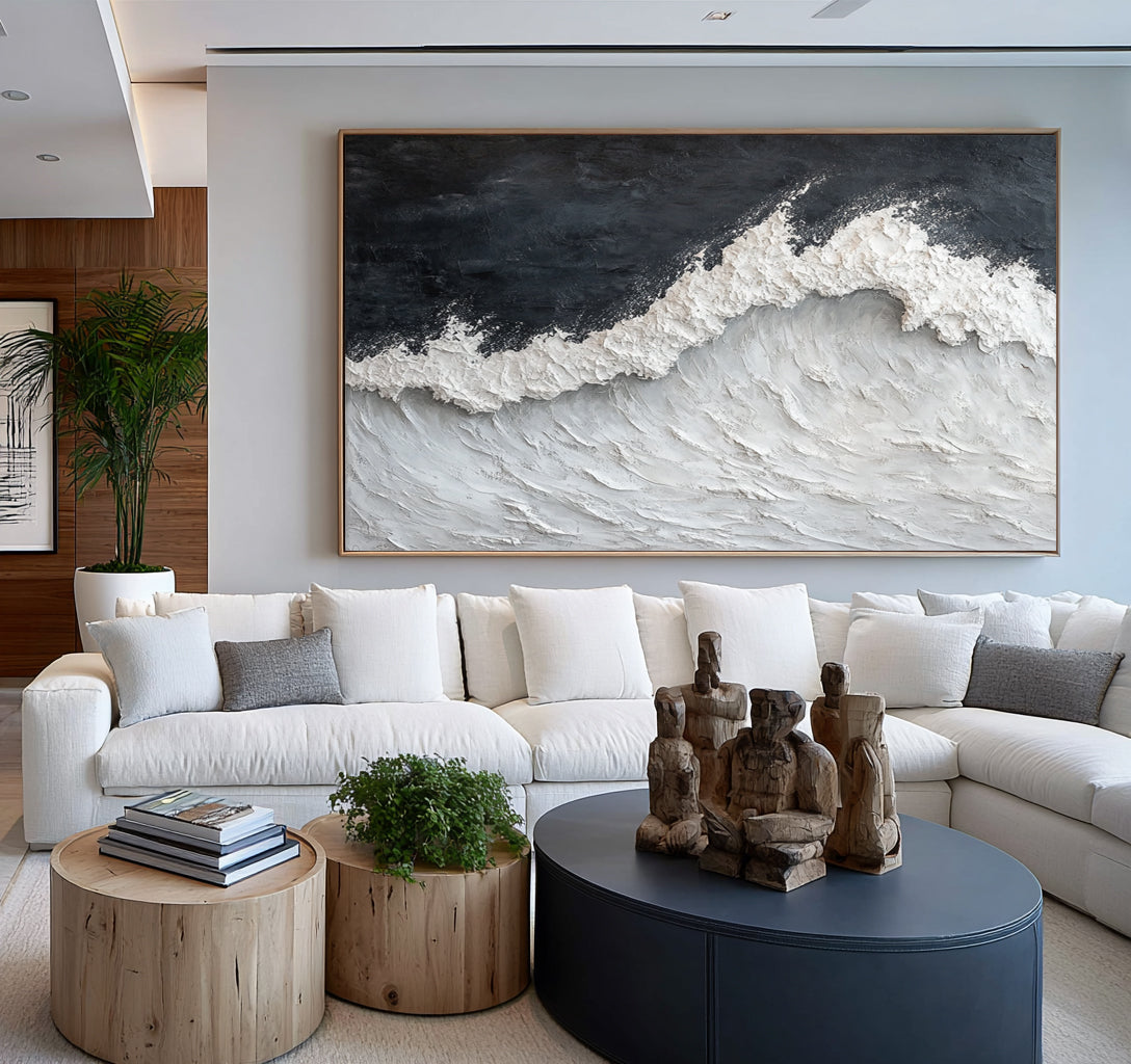 Dramatic Ocean Wave Textured Seascape Painting Handmade Coastal Wall Art Stormy Gray White Ocean Decor