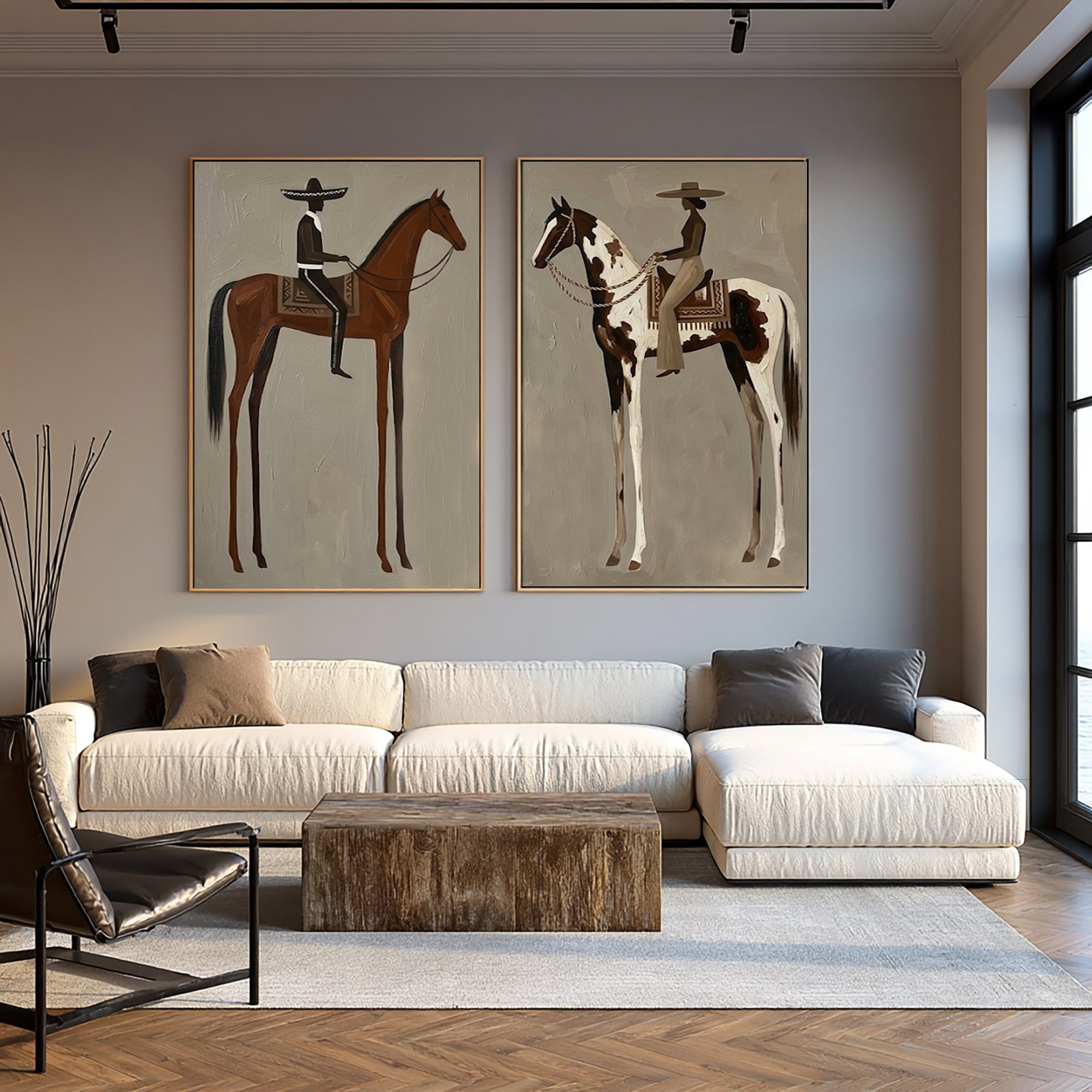 Large Cowboy Cowgirl Wall Art Southwestern Western Horse Oil Painting Diptych